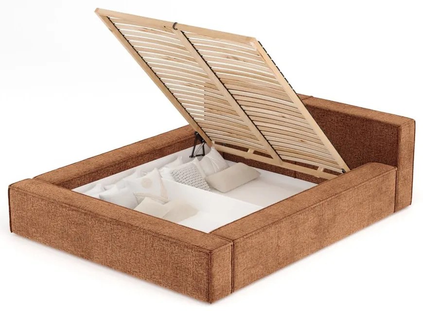 Pat matrimonial portocaliu tapițat cu spațiu de depozitare cu somieră 140x200 cm Voliera – Maison de Rêve