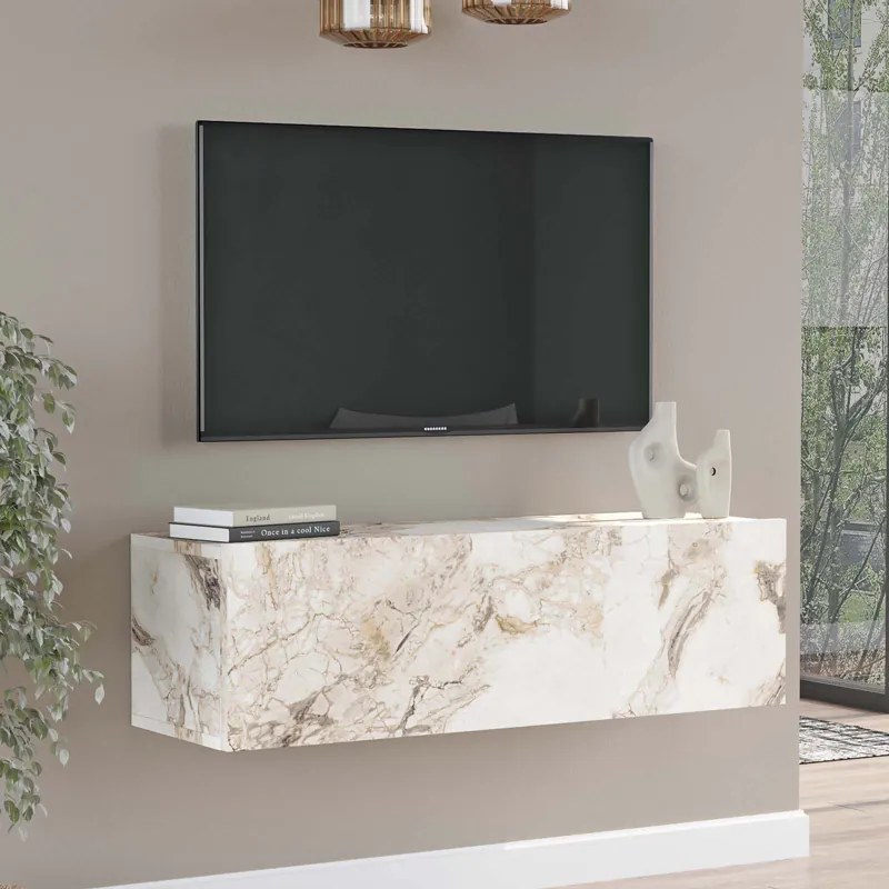 Comoda TV Serita, din melamina, finisaj marmura ivory, 100 x 31.5 x 29.6 cm