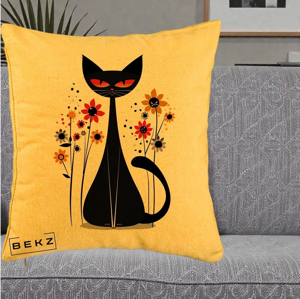 Perna Decorativa Pisica Neagra Ochi Rosii Flori, 40x40 cm, Galben, Husa Detasabila, Perna Inclusa, BEKZ®