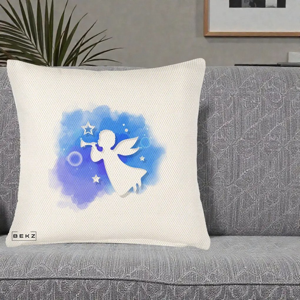 Perna Decorativa Inger cu Trompeta Albastru, 40x40 cm, Crem Reliefat, Husa Detasabila, Perna Inclusa, BEKZ®