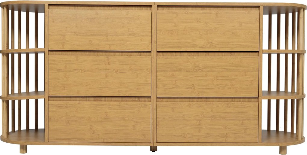 Comodă Sideboard, 6 sertare &amp; rafturi deschise, design în stil roman cu coloane &amp; rafturi din bambus, 160x40x75 cm, Culoare naturală
