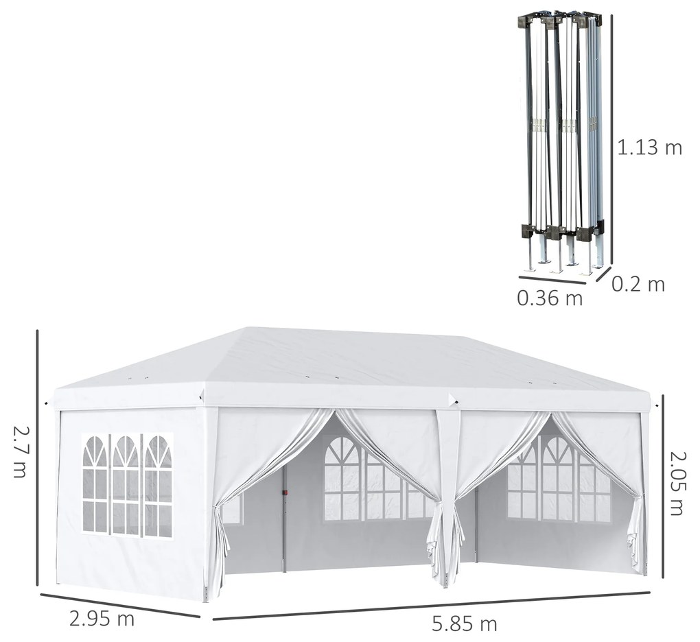 Outsunny Cort 6x3 m pliabil din otel si material Oxford, cort pentru gradina cu 6 pereti laterali, franghii si carlige, alb