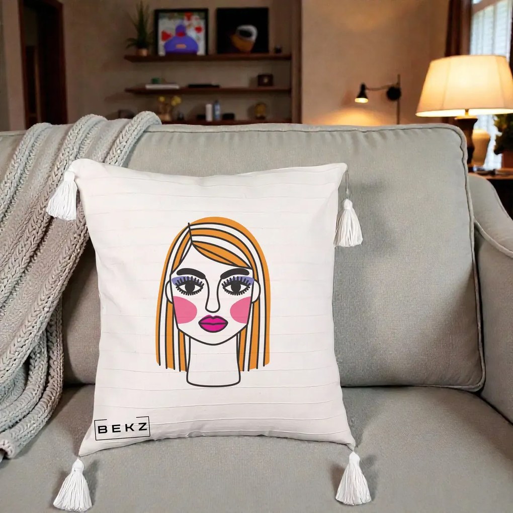 Perna Decorativa Portret Pop Art Fata, 40x40 cm, Bej cu Franjuri, Husa Detasabila, Perna Inclusa, BEKZ®