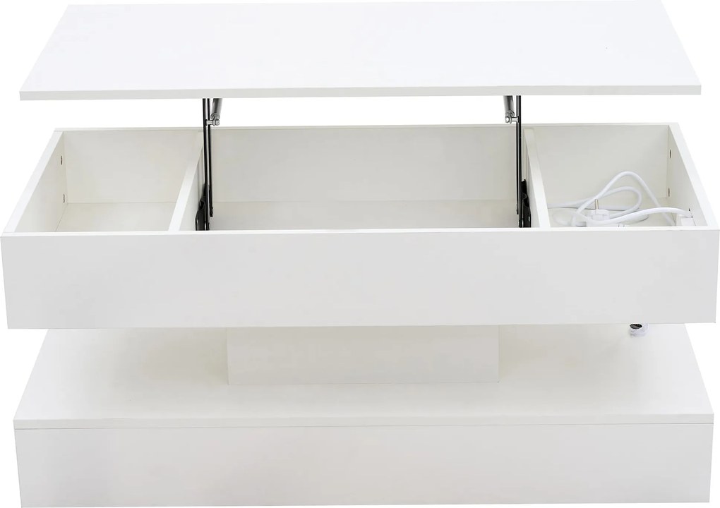 Masă de cafea modernă cu iluminare LED și spațiu de depozitare ascuns, măsuță laterală cu sistem hidraulic de ridicare, 100x50x42 cm, Alb