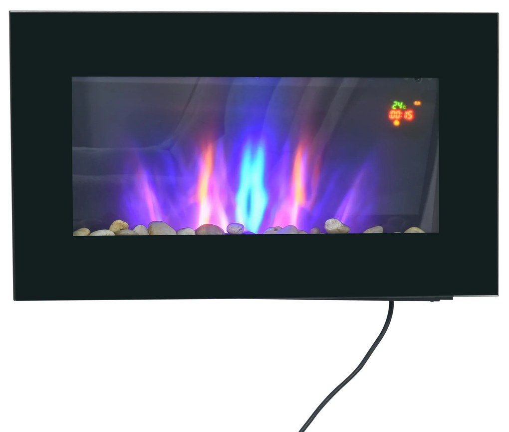 Șemineu electric de perete HOMCOM 1000/2000 W, efect flacără LED 7 culori, 72,5 x 11,5 x 40 cm, negru | Aosom Romania