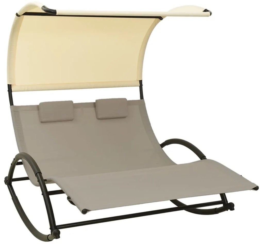 vidaXL Șezlong de plajă dublu cu baldachin, gri taupe&amp;crem, textilenă