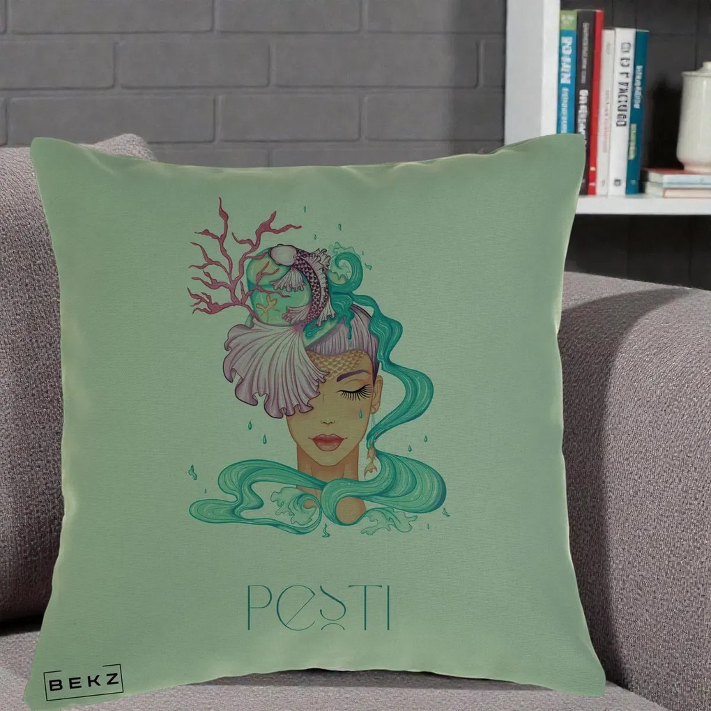 Perna Personalizata Zodiac Pesti Cowgirl, 40x40 cm, Verde, Husa Detasabila, Perna Inclusa, BEKZ®