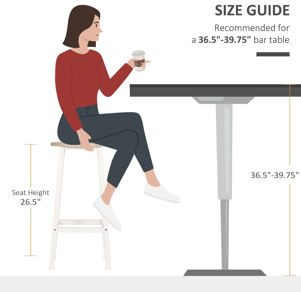 Set 2 scaune de bar HOMCOM, de bucatarie cu suport pentru picioare, alb natural | Aosom Romania