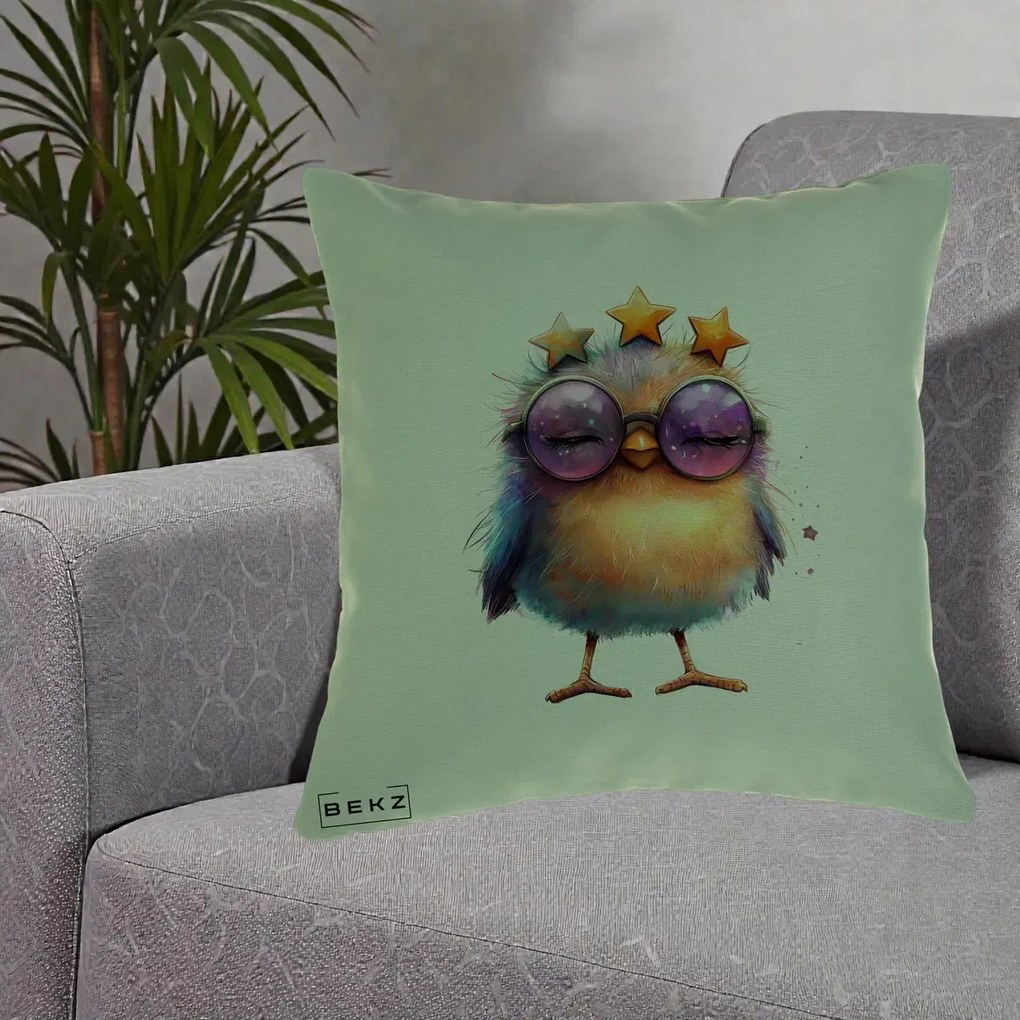 Perna Decorativa Pui Pop Star cu Ochelari Stele Violet, 40x40 cm, Verde, Husa Detasabila, Perna Inclusa, BEKZ®
