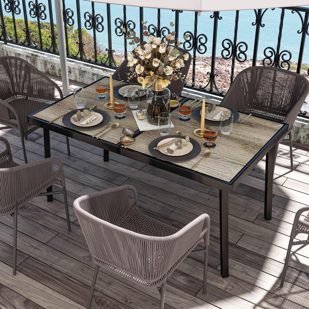 Outsunny Masă de Patio, Masă de Balcon, Masă de Dining pentru Exterior 145 x 85 cm pentru 6 Persoane cu Efect de Lemn, Cadrul din Oțel, Gri | Aosom Romania