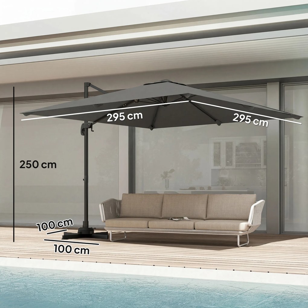 Outsunny Umbrelă de Grădină Decentralizată cu Manivelă 3x3m, Înclinabilă, Rotativă 360°, Umbrelă de Exterior Pătrată cu Bază Cruce, din Aluminiu, pentru Terasă sau Piscină, UV30+, Gri Închis | Aosom Romania