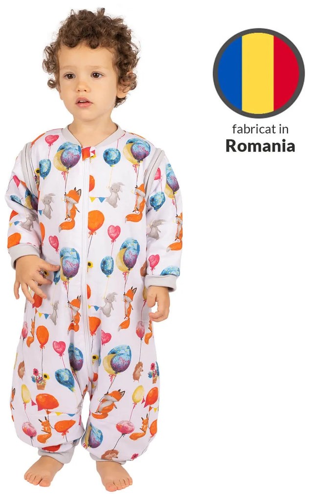 Sac de dormit copii din bumbac cu picioare si maneci detasabile 18-36 luni Kidizi Baloon Friends, 1 tog, pentru toamna-iarna, bumbac 100%