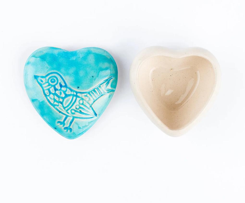 Cutie bijuterii din ceramica, inima albastra, detaliu pasare