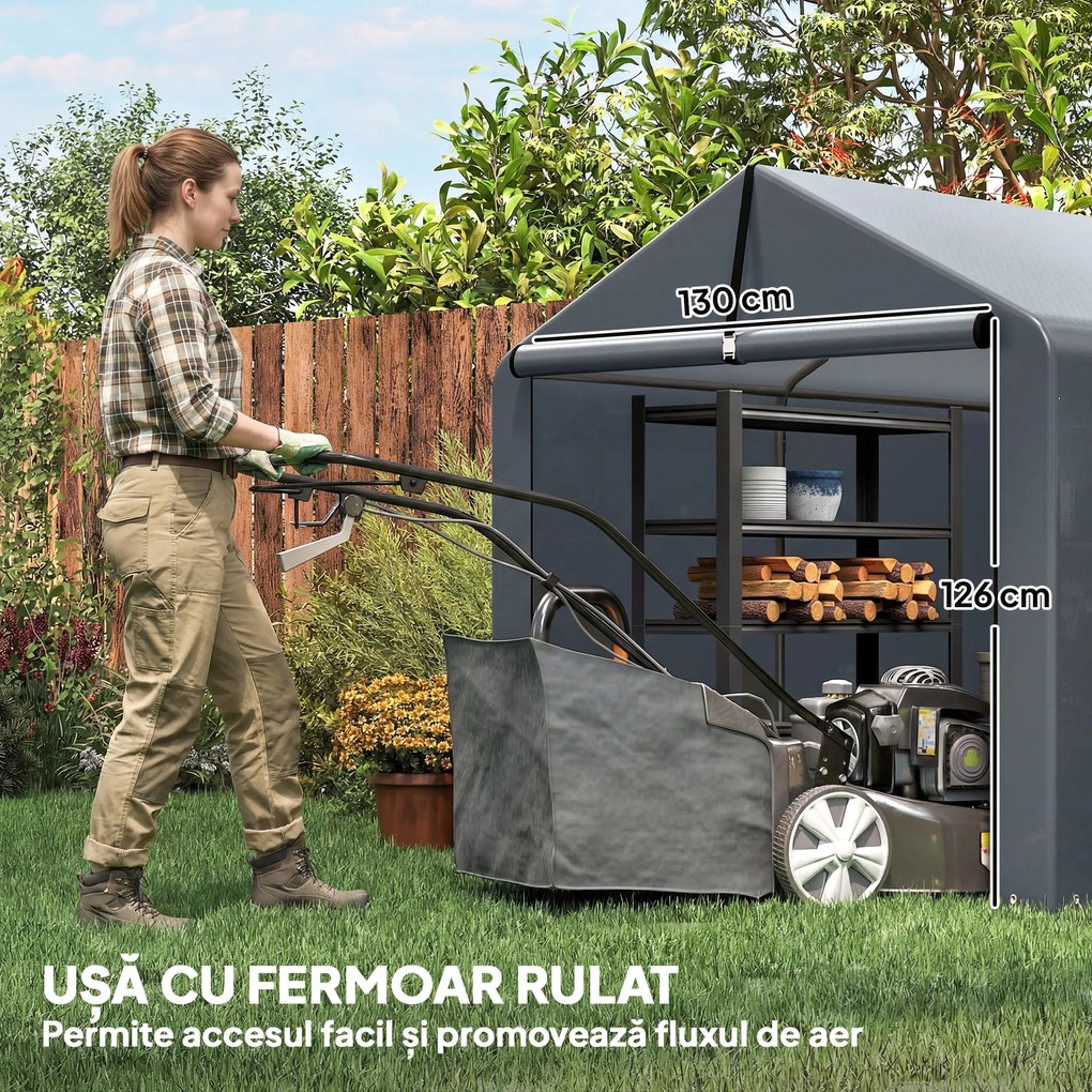 Outsunny Garaj Motociclete pentru Exterior 1,6x2,2m, Tenta Garaj cu Acoperire Impermeabilă, Ușă cu Fermoar, pentru Biciclete și Unelte din Oțel Zincat, Gri | Aosom Romania