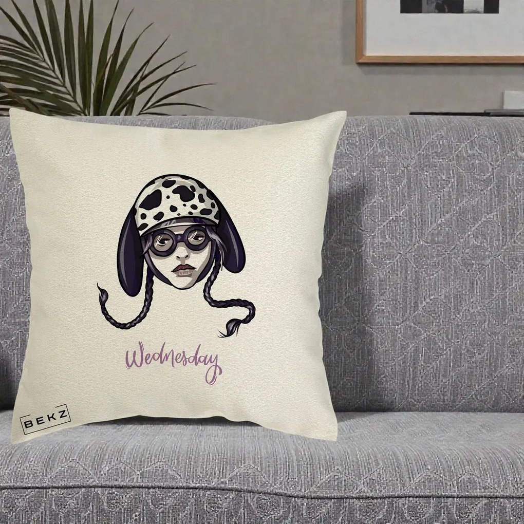 Perna Personalizata Wednesday Addams cu Caine Dalmatian, 40x40 cm, Ecru, Husa Detasabila, Perna Inclusa, BEKZ®