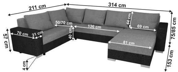 Canapea extensibilă în U, tapițată, universală YORK, negru/antracit