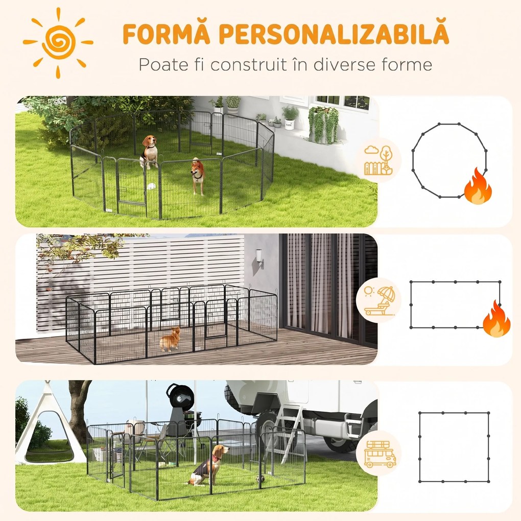 PawHut Gard pentru Câini, Incintă Modulară pentru Câini din 8 Secții pentru Interior și Exterior, 80x100 cm, Negru | Aosom Romania