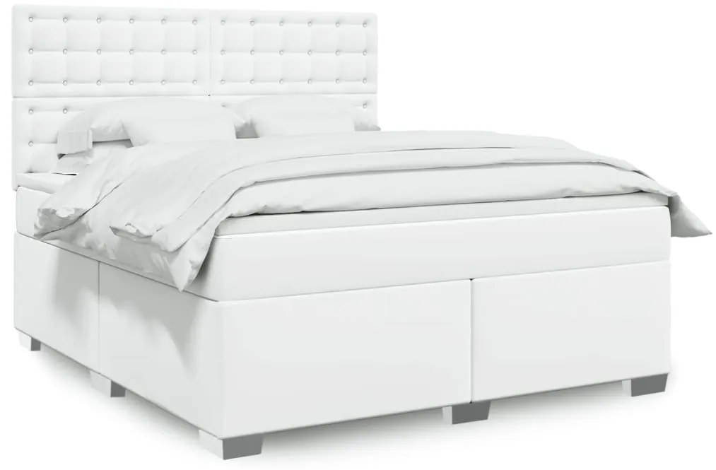 vidaXL Pat box spring cu saltea, alb, 180x200 cm, piele ecologică