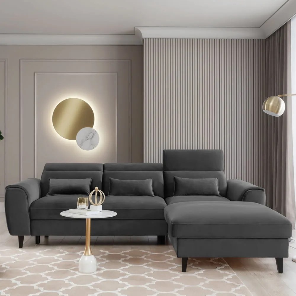 Colțar gri închis extensibil/cu spațiu de depozitare cu tapițerie din catifea (cu colț pe partea dreaptă/cu șezlong) Foble – ELTAP