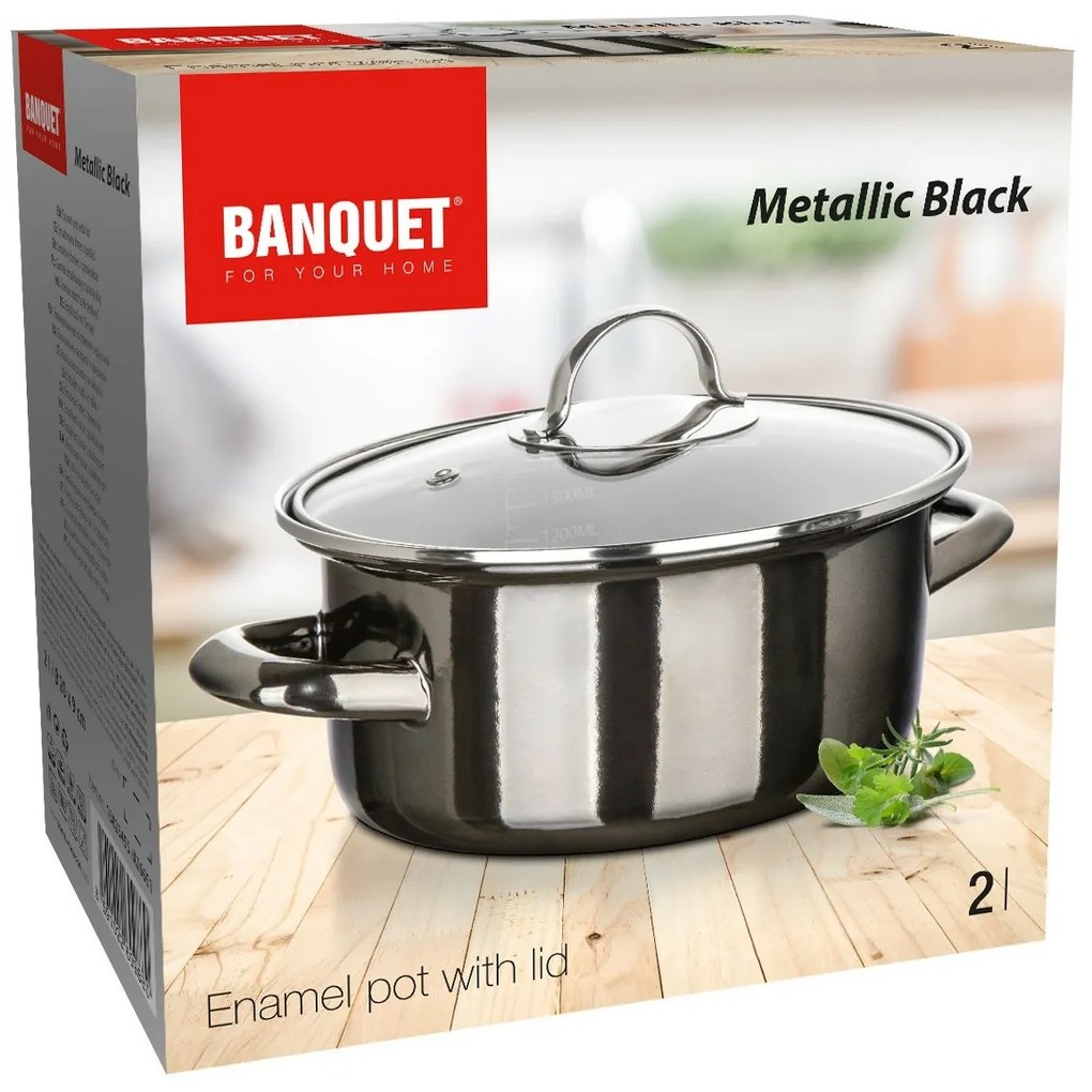 Banquet Oală emailată METALLIC Black 20 cm, 2 l,cu capac, 20 cm