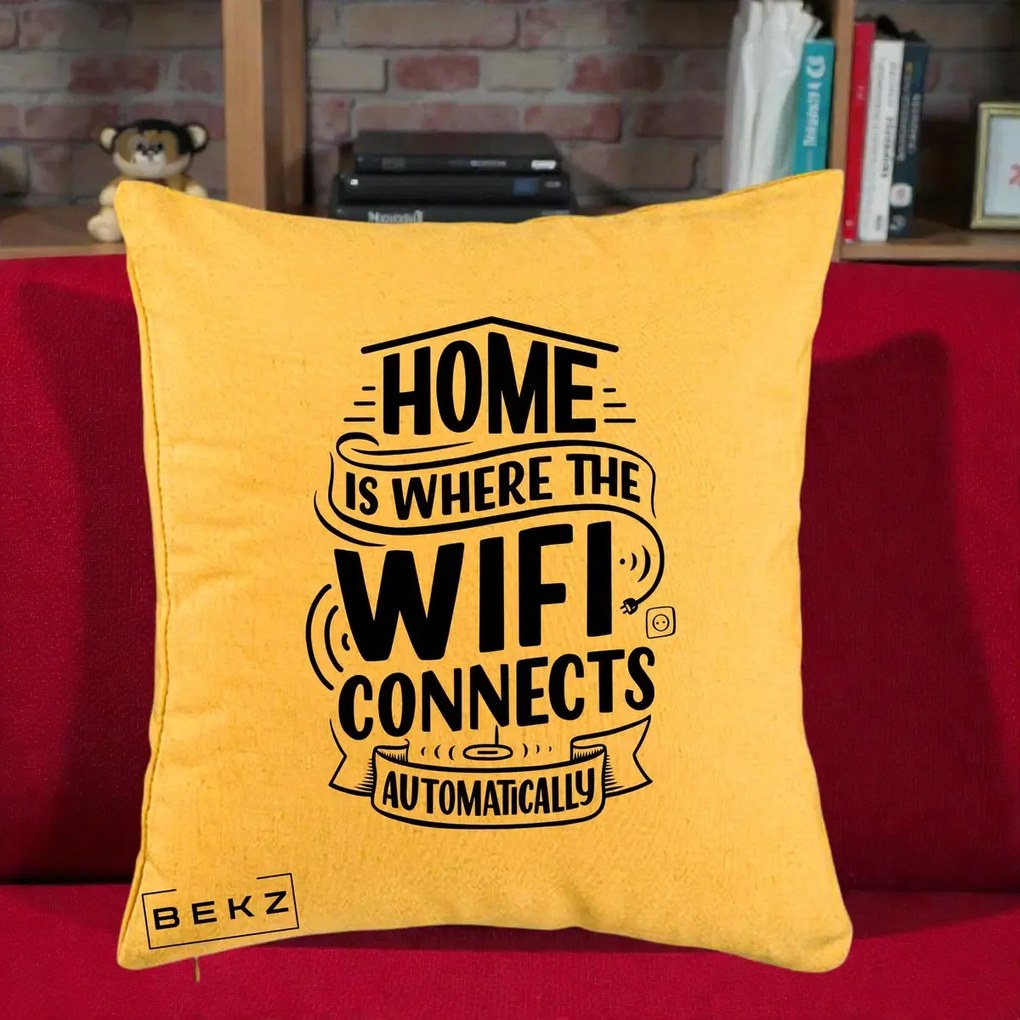 Perna Decorativa Home Is Where WiFi Connects, 40x40 cm, Galben, Husa Detasabila, Perna Inclusa, BEKZ®