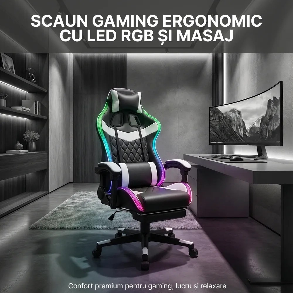 Scaun gaming, sistem iluminare bandă LED RGB, masaj în perna lombară, suport picioare, Negru/Alb