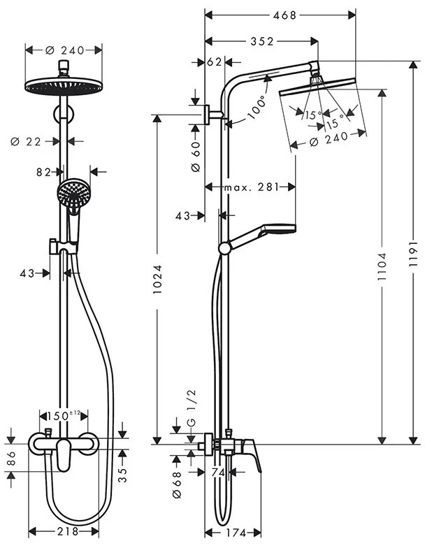 Set de dus, Hansgrohe, Crometta S 240 1 jet, cu baterie de dus, crom