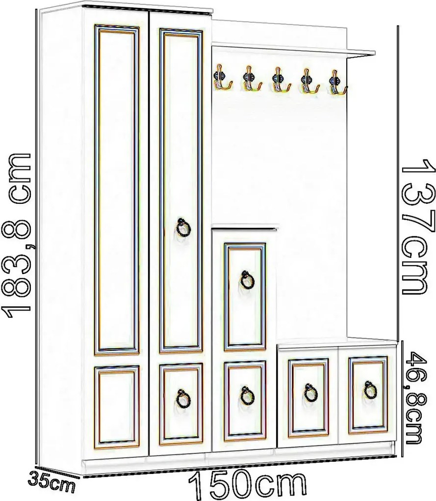 Cuier hol cu pantofar alb-auriu, Vera Homs 183x35x150 cm 