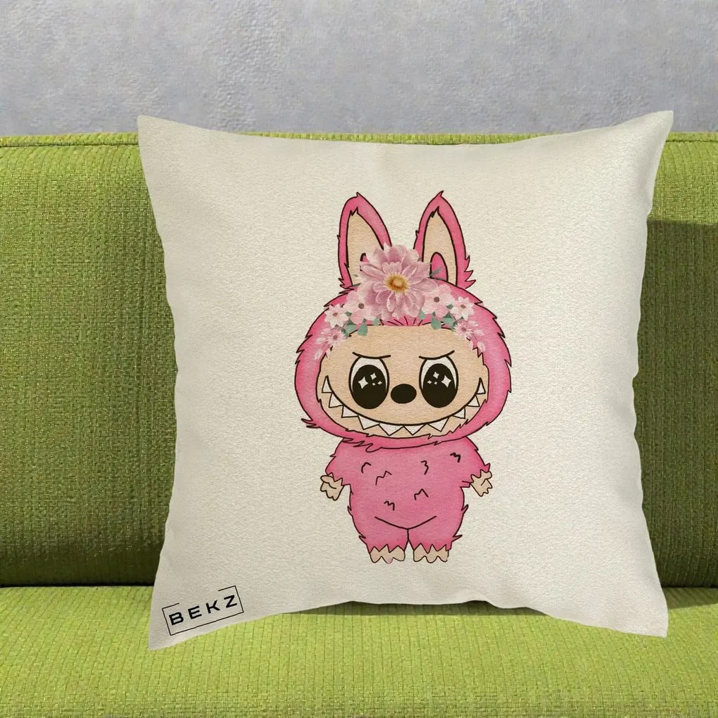 Perna Personalizata Labubu Roz cu Coroana Florala, 40x40 cm, Ecru, Husa Detasabila, Perna Inclusa, BEKZ®