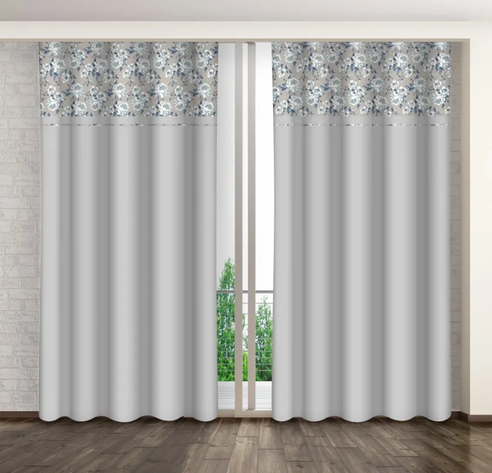 Draperie decorativă gri deschis cu imprimare de flori albastre Lățime: 160 cm | Lungime: 270 cm
