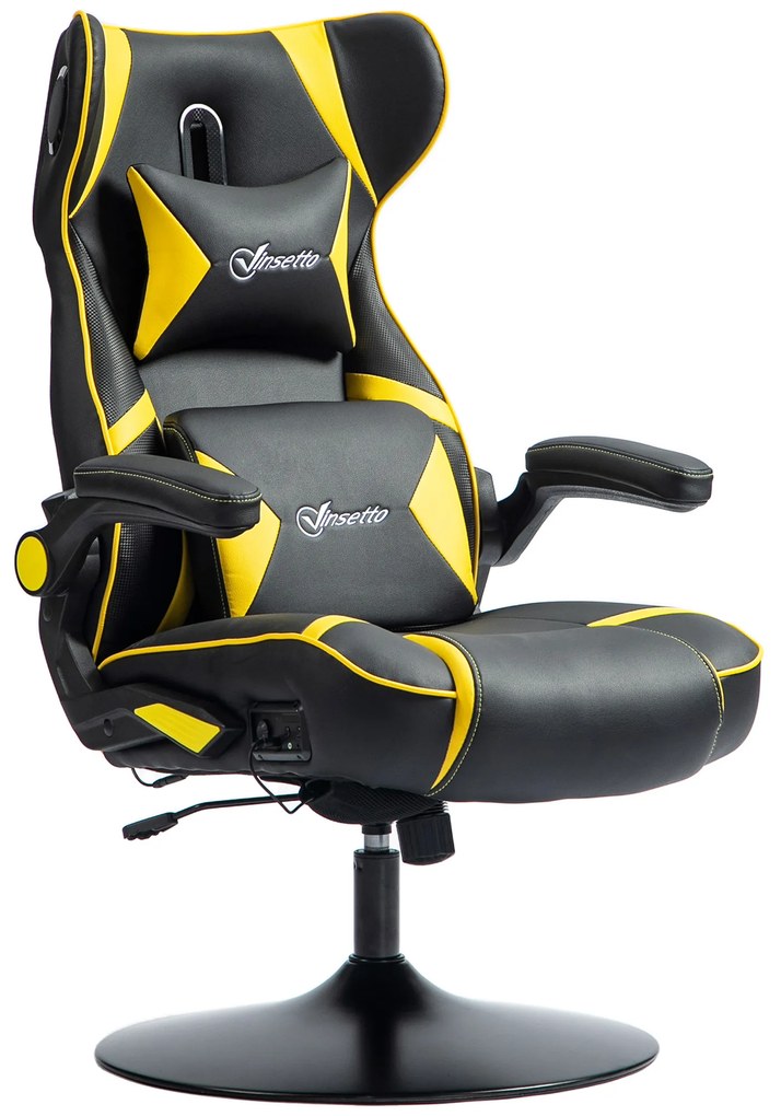 Vinsetto Scaun Gaming cu Funcție de Leagăn și Difuzor, Suport Lombar și pentru Gât, Piele Ecologică, Galben și Negru | Aosom Romania