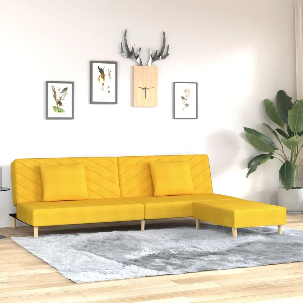 3081815 vidaXL Canapea extensibilă 2 locuri, 2 perne&taburet, galben, textil