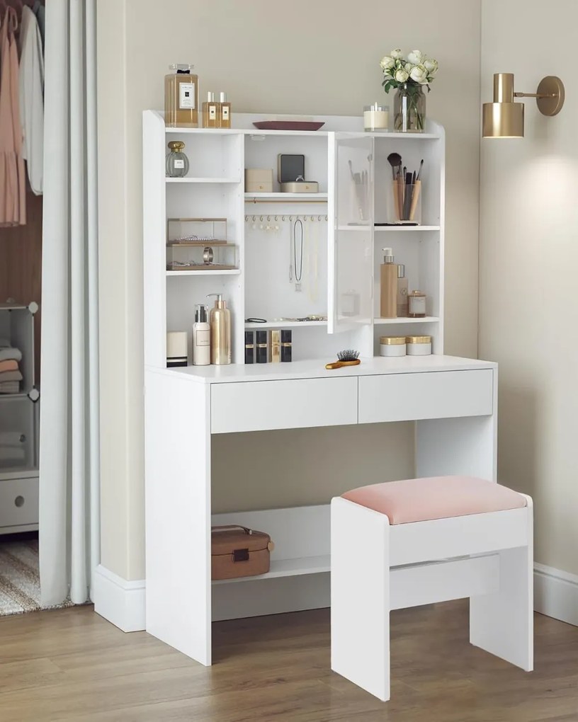 Masuta machiaj cu Oglinda LED si 2 Sertare pentru Cosmetice, Set Masa toaleta 90 cm, Alb, masuta cosmetica, vanity cu sau fara Priza, cu sau fara