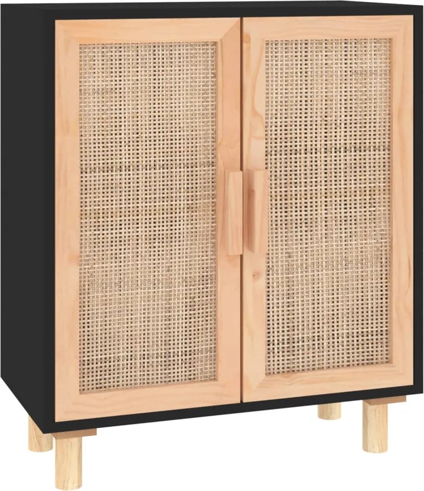 vidaXL Servantă, negru, 60x30x70 cm, lemn masiv pin și ratan natural