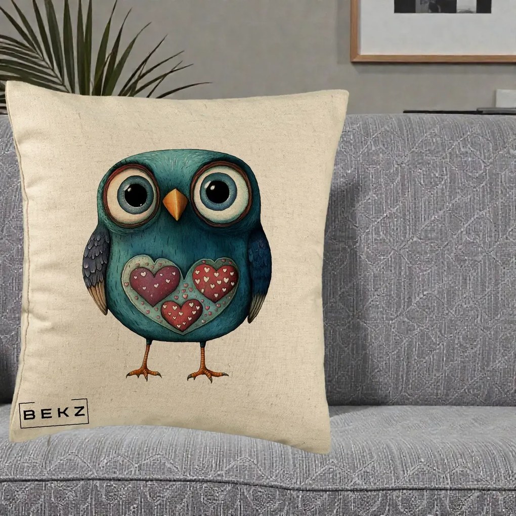 Perna Decorativa Bufnita Teal cu Doua Inimi, 40x40 cm, Bej, Husa Detasabila, Perna Inclusa, BEKZ®