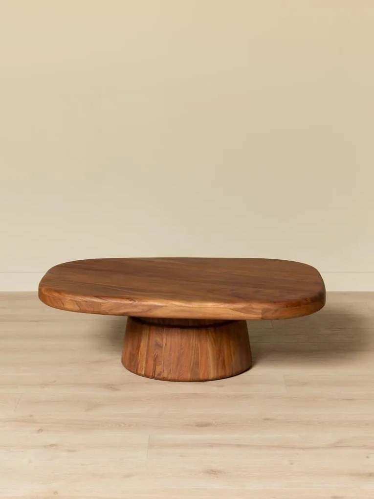 Măsuță de cafea din lemn de acacia, ovală, cu picior sculptural, maro antichizat, finisaj satinat, 115×86×39 cm, „Ningula"