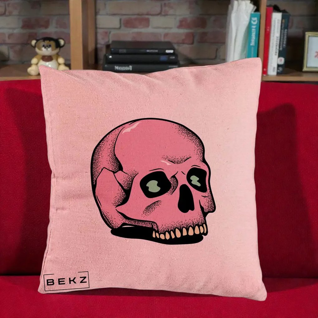 Perna Decorativa Craniu Roz Tatoo Art Halloween, 40x40 cm, Roz, Husa Detasabila, Perna Inclusa, BEKZ®