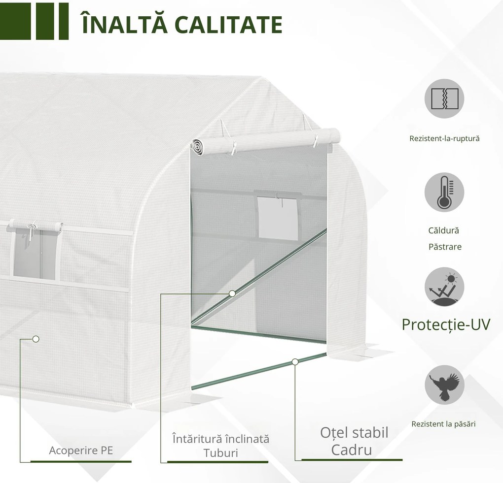 Outsunny Sera de Grădină Spațioasă, cu 8 Ferestre și Ușă Enrolabilă, Include Țăruși și Frânghii, 6x3x2m, Oțel și PP, Verde | Aosom Romania