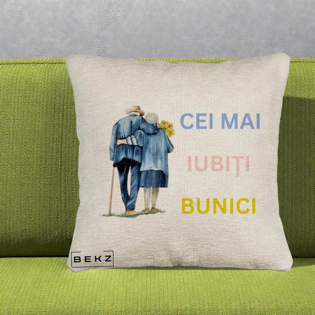 Cadou pentru Bunici - Perna Personalizata Cei Mai Iubiti Bunici Acuarela Spate, 40x40 cm, Bej Canapea, Husa Detasabila, Perna Inclusa, BEKZ®