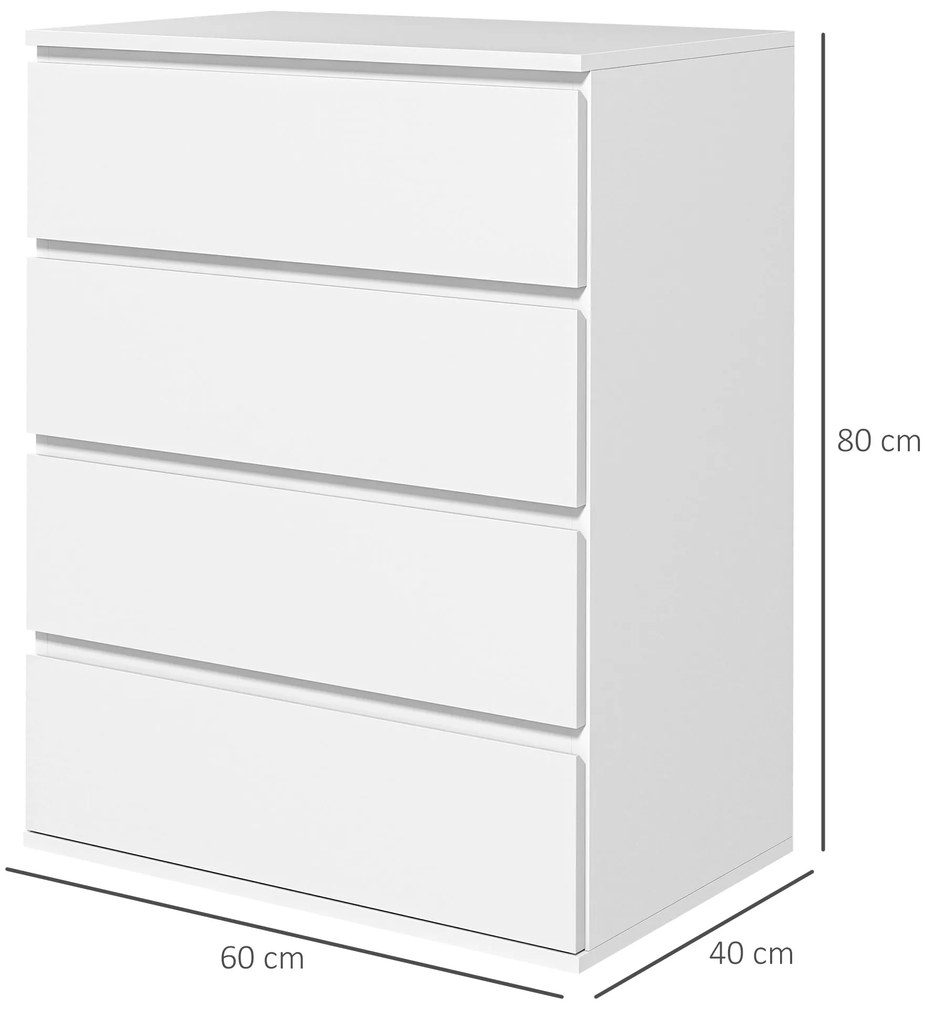 HOMCOM Comodă cu 4 Sertare, Organizator de Depozitare cu Ghidaje Metalice și Mânere cu Caneluri, 60x40x80 cm, Alb | Aosom Romania