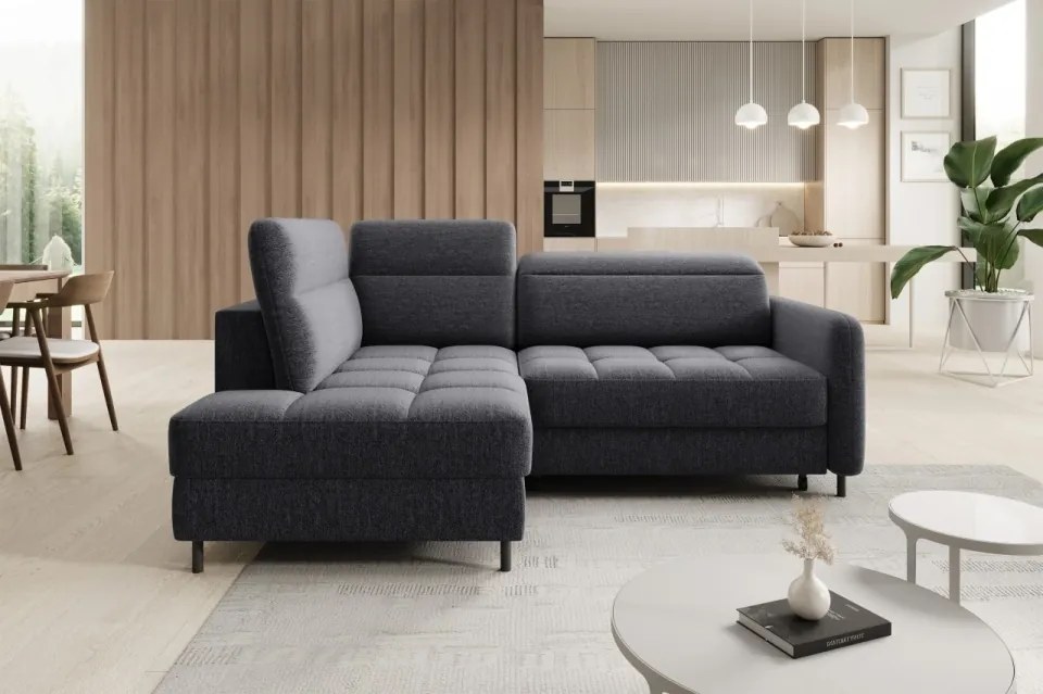 Coltar tapitat, extensibil, cu spatiu pentru depozitare, 208x160x100 cm, Barea L01, Eltap (Culoare: Albastru inchis / Raquel 40)