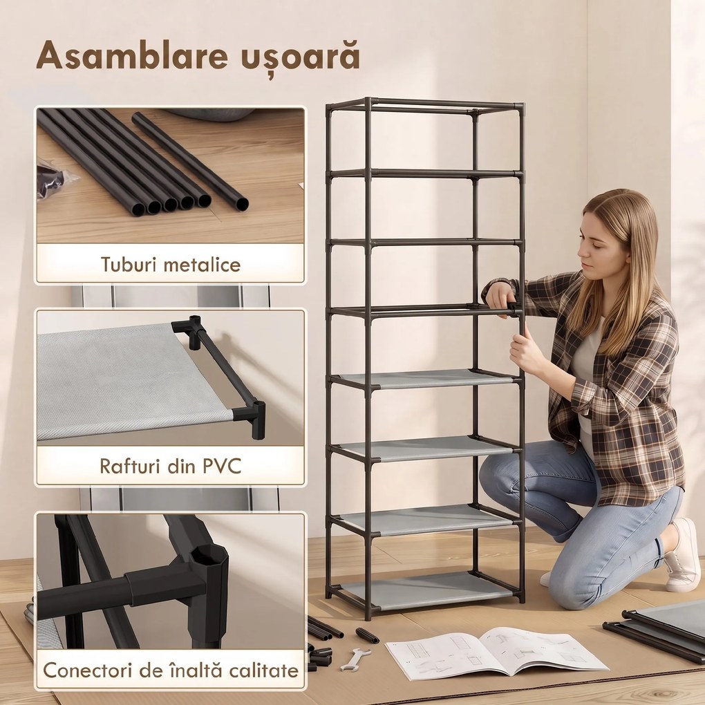 HOMCOM Pantofar cu 7 rafturi din oțel, cu husă din material nețesut, 60 x 30 x 126 cm, gri | Aosom Romania