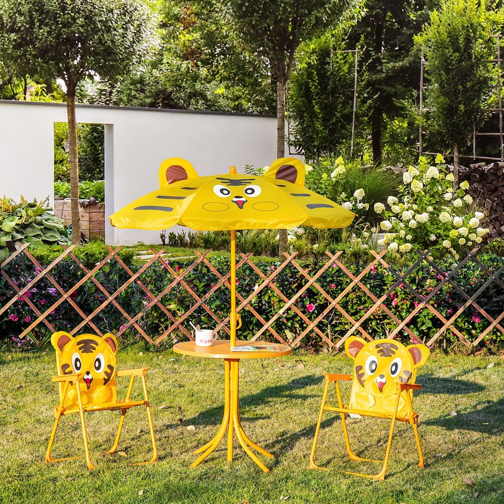 Outsunny Set Mobilier Grădină Copii 4 piese Design Tigrul: Masă rotundă, 2 scaune pliante, umbrelă, metal epoxid galben | Aosom Romania