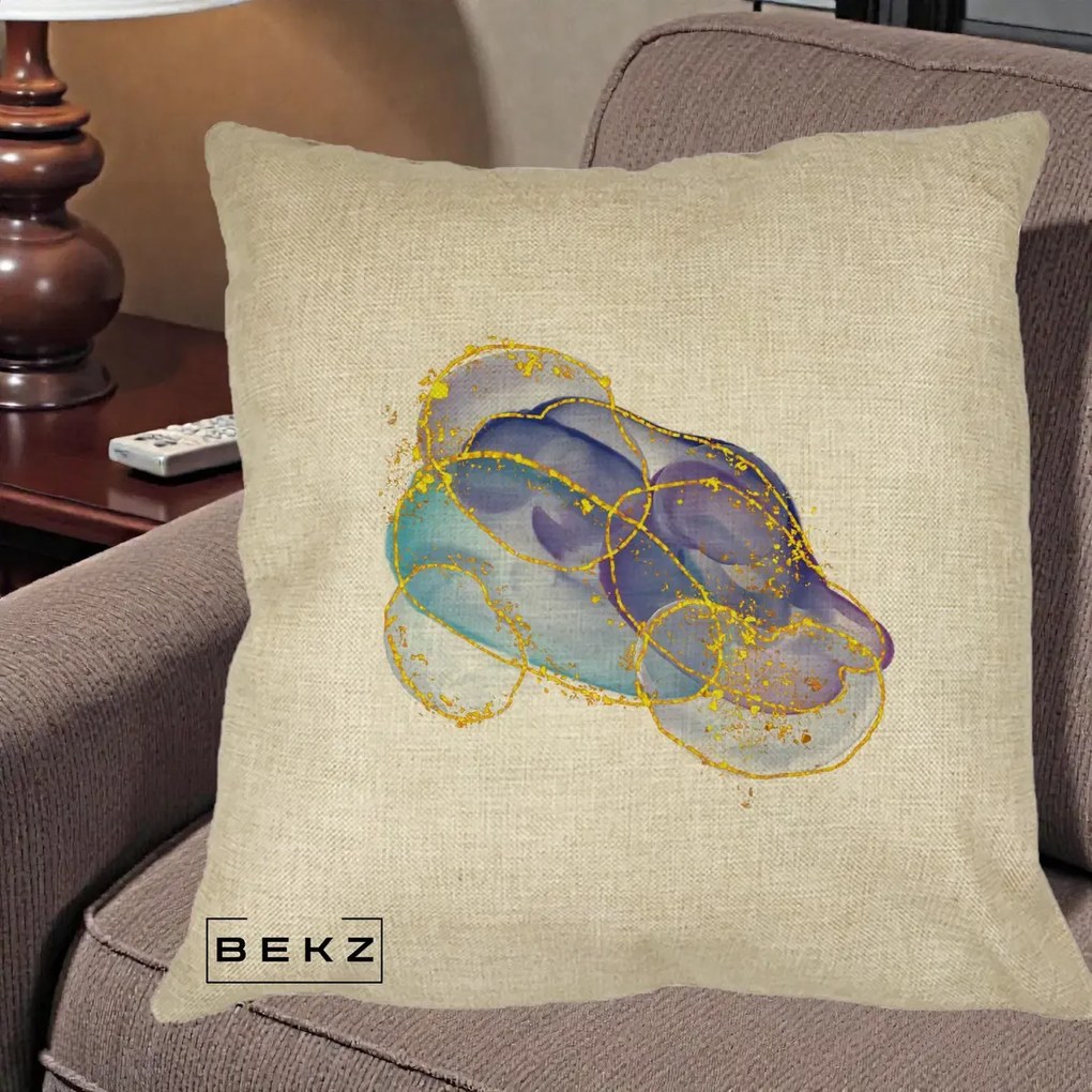Perna Decorativa Abstract Acuarela Albastru-Mov cu Cercuri Aurii, 40x40 cm, Crem, Husa Detasabila, Perna Inclusa, BEKZ®