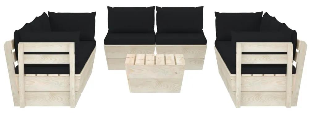 Set mobilier gradina din paleti, 9 piese, cu perne, lemn de molid Negru, 4x colt + 4x mijloc + masa, 1