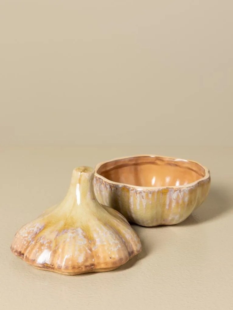 Recipient din ceramică artizanală natur cu capac, formă de usturoi, 10,5 × 10 cm, „Garlic"