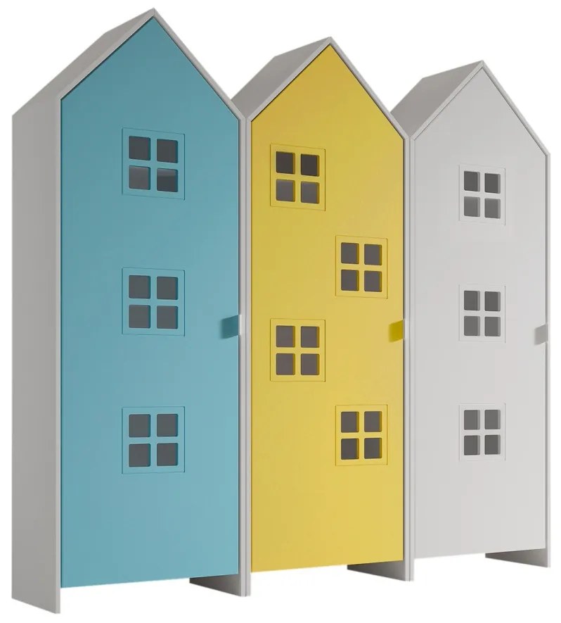 Set 3 dulapuri pentru copii Casami Bruges tip colibă de plajă – 1 cu ușă albă, 1 cu ușă Albastru și 1 cu ușă Galben Strălucitor – Vipack