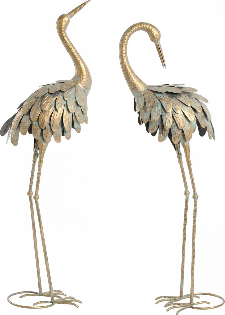 Outsunny Set de 2 statui de grădină, sculptură de stârc din metal, statui de păsări 91/95cm, pentru curte, iaz, terasă, auriu/albastru | Aosom Romania