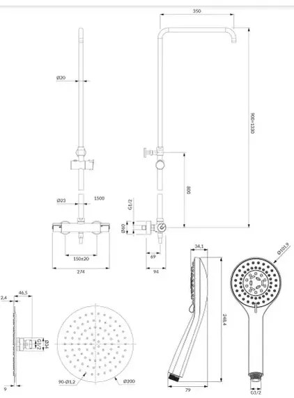 Coloana de dus cu baterie termostatata si palarie dus rotunda Omnires Y cu 5 functii