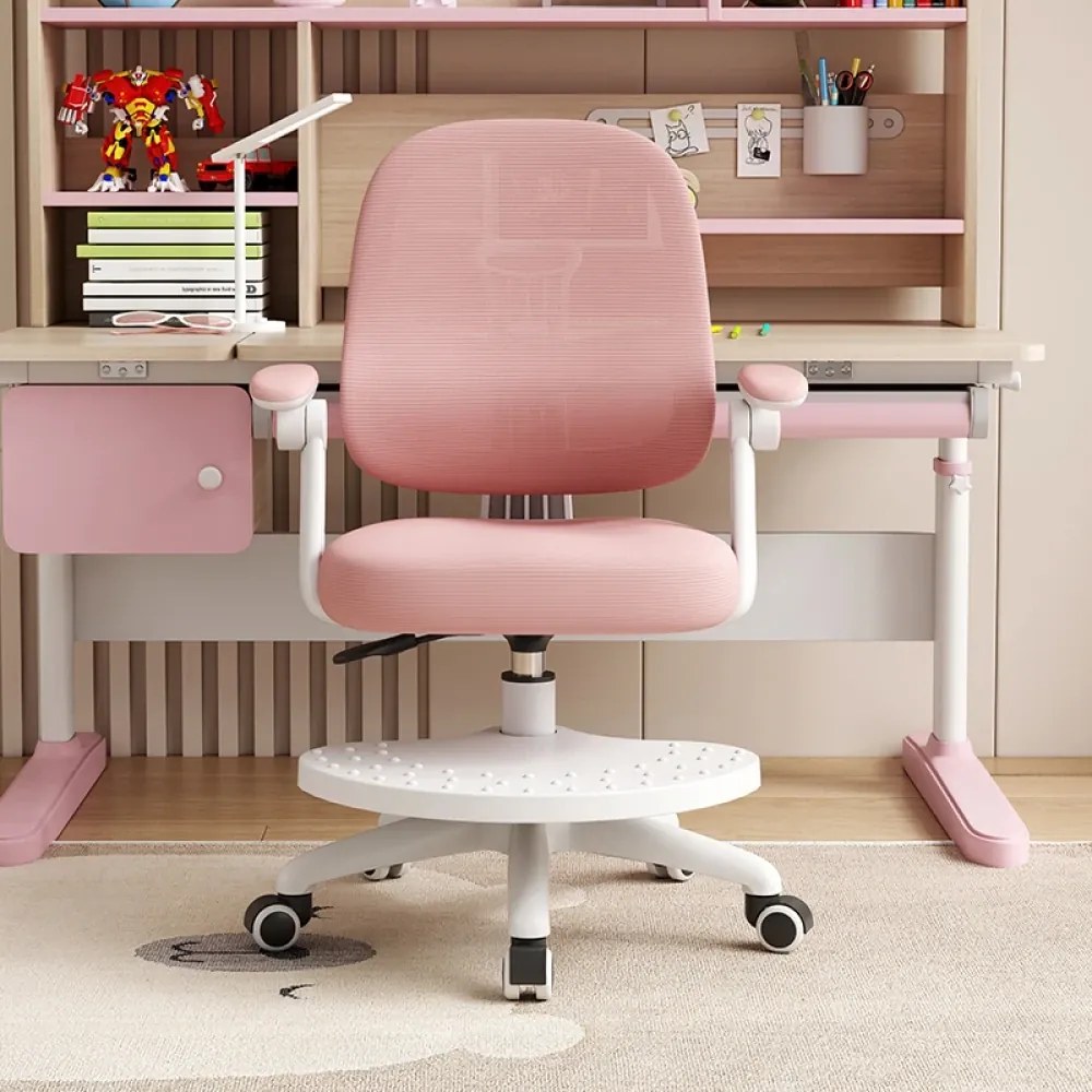 RESIGILAT- Scaun ergonomic pentru copii, spatar reglabil adancime, suport picioare reglabil, rotativ, Roz
